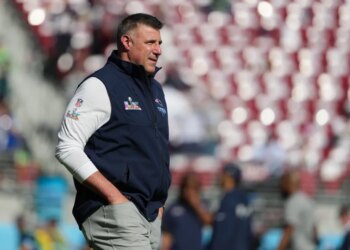 New England Patriots head coach Mike Vrabel on the field before Super Bowl LX.