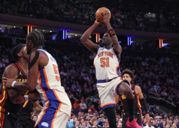 New York Knicks forward Mohamed Diawara #51 goes up for a shot during the fourth quarter.