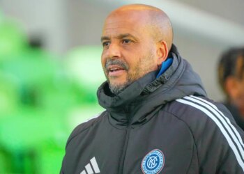 New York City FC coach Pascal Jansen looks on after his team's win in their preseason match between Austin FC at Q2 Stadium.