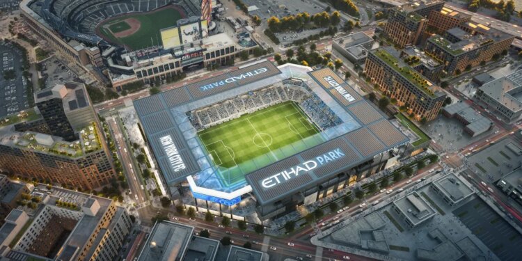 Illustration of an aerial view of Etihad Park Stadium and the surrounding city buildings.