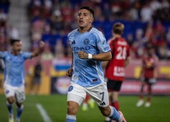 NYCFC midfielder Nicolas Fernandez (7) celebrates after scoring the opening goal in the first half of the regular season MLS match between NYCFC and the New York Red Bulls held at Sports Illustrated Stadium on Saturday September 27, 2025 in Harrison, New Jersey.