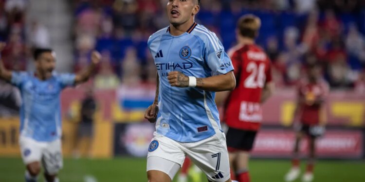 NYCFC midfielder Nicolas Fernandez (7) celebrates after scoring the opening goal in the first half of the regular season MLS match between NYCFC and the New York Red Bulls held at Sports Illustrated Stadium on Saturday September 27, 2025 in Harrison, New Jersey.