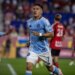 NYCFC midfielder Nicolas Fernandez (7) celebrates after scoring the opening goal in the first half of the regular season MLS match between NYCFC and the New York Red Bulls held at Sports Illustrated Stadium on Saturday September 27, 2025 in Harrison, New Jersey.