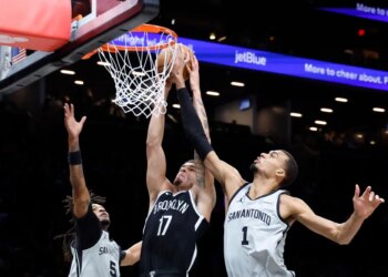 Michael Porter Jr.'s dunk is blocked by Victor Wembanyama during the Nets' 126-110 blowout win over the Spurs on Feb. 26, 2026 at Barclays Center.