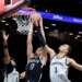 Michael Porter Jr.'s dunk is blocked by Victor Wembanyama during the Nets' 126-110 blowout win over the Spurs on Feb. 26, 2026 at Barclays Center.