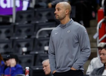 Brooklyn Nets head coach Jordi Fernandez looks on.