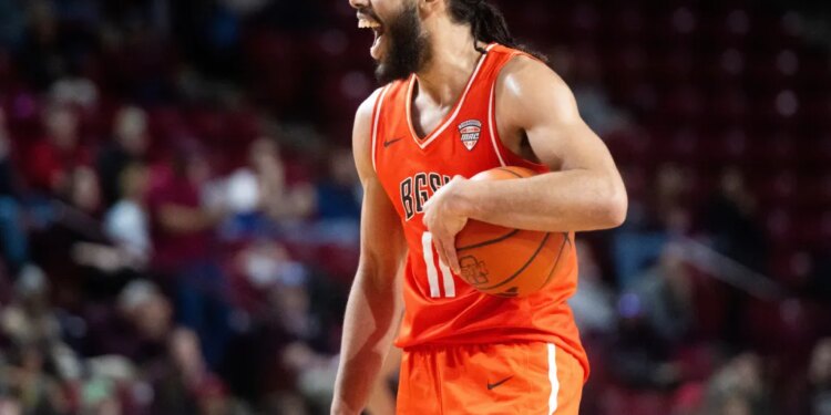 Bowling Green guard Javon Ruffin smiling after a foul was called on UMass.