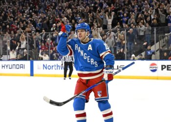 Rangers left wing Artemi Panarin (10) reacts after he scores a goal