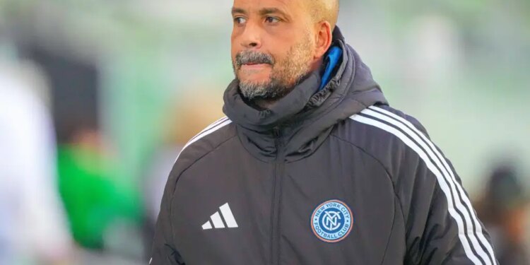 New York City FC coach Pascal Jansen looks on after a win in a MLS preseason match between Austin FC at Q2 Stadium.