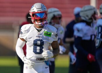 New England Patriots wide receiver Stefon Diggs runs during practice ahead of the Super Bowl 60 NFL football game against the Seattle Seahawks, Wednesday, Feb. 4, 2026, in Stanford, Calif.