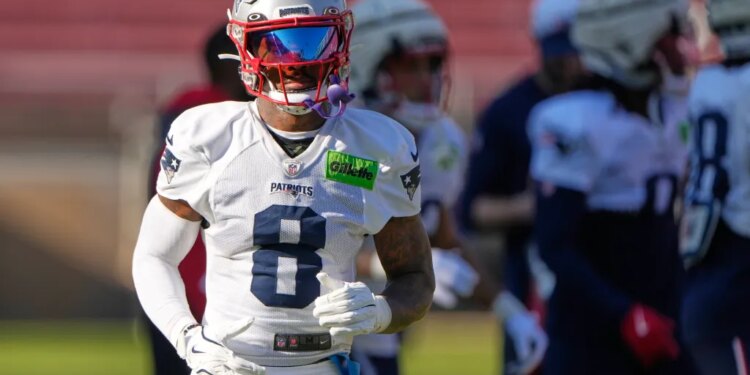 New England Patriots wide receiver Stefon Diggs runs during practice ahead of the Super Bowl 60 NFL football game against the Seattle Seahawks, Wednesday, Feb. 4, 2026, in Stanford, Calif.