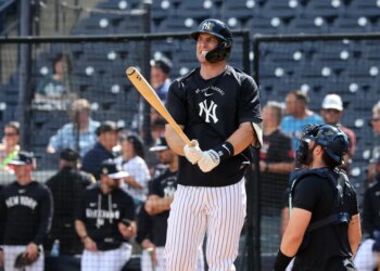 Paul Goldschmidt of the New York Yankees reacts while hitting live batting practice at Steinbrenner Field.