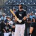 Paul Goldschmidt of the New York Yankees reacts while hitting live batting practice at Steinbrenner Field.