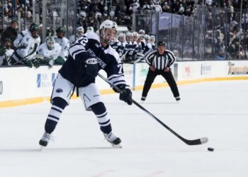 Penn State Nittany Lions forward Gavin McKenna (72) looks to shoot the puck during the first period against the Michigan State Spartans at Beaver Stadium.