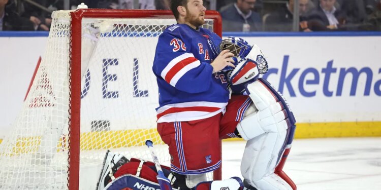 Jonathan Quick, goaltender for the New York Rangers, reacting on the ice.