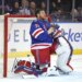 Jonathan Quick, goaltender for the New York Rangers, reacting on the ice.