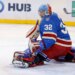 New York Rangers goaltender Jonathan Quick (32) deflecting the puck during a game against the Carolina Hurricanes.