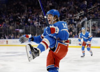 Rangers left wing Artemi Panarin reacts after he scores a goal against the Minnesota Wild in the first period at Madison Square Garden in New York, October 20, 2025.