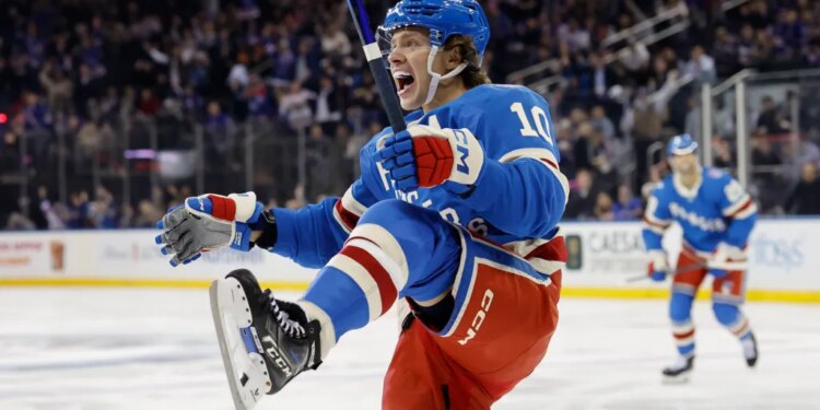 Rangers left wing Artemi Panarin reacts after he scores a goal against the Minnesota Wild in the first period at Madison Square Garden in New York, October 20, 2025.