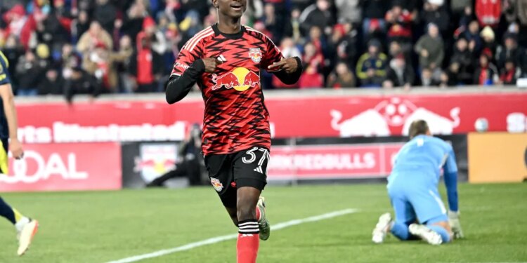 Mohammed Sofo #37 of New York Red Bulls reacts after he scores a goal during the first half of the Nashville SC and New York Red Bulls soccer game in Harrison, N.J.