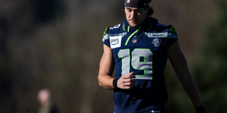 Seattle Seahawks wide receiver Jake Bobo warming up during practice.