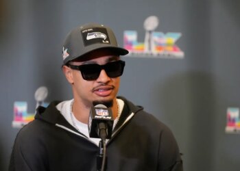 Jaxon Smith-Njigba speaks during a NFL Super Bowl news conference on Tuesday, Feb. 3, 2026.