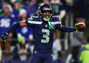 Jan 17, 2026; Seattle, WA, USA; Seattle Seahawks safety Nick Emmanwori (3) reacts after a fumble recovery against the San Francisco 49ers during the second half in an NFC Divisional Round game at Lumen Field.