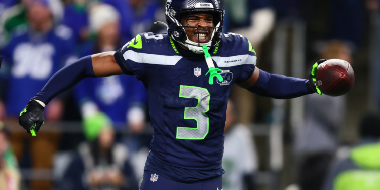 Jan 17, 2026; Seattle, WA, USA; Seattle Seahawks safety Nick Emmanwori (3) reacts after a fumble recovery against the San Francisco 49ers during the second half in an NFC Divisional Round game at Lumen Field.