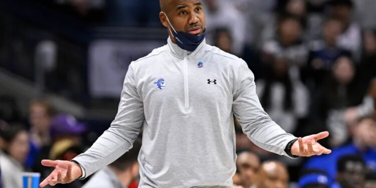 Seton Hall head coach Shaheen Holloway gestures in the second half of an NCAA college basketball game against UConn, Saturday, Feb. 28, 2026, in Storrs, Conn.