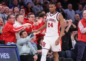 Zuby Ejiofor celebrates with Red Storm fans during St. John's win over Seton Hall on Jan. 20, 2026.