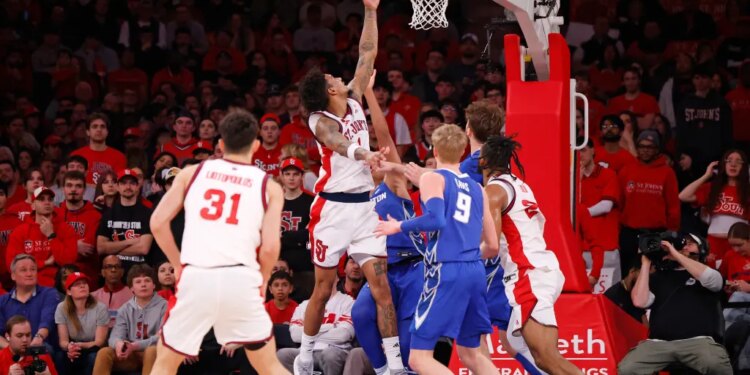 St. John's Red Storm player Dillon Mitchell #1 shoots the ball during a game against the Creighton Bluejays.