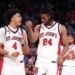 St. John's Red Storm forward Zuby Ejiofor #24 and guard Oziyah Sellers #4 celebrating during the second half of a game against the Butler Bulldogs.