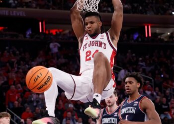 St. John's Red Storm forward Zuby Ejiofor (24) slams the ball during the second half when the St. John's Red Storm played the UConn Huskies Friday, February 6, 2026 at Madison Square Garden in Manhattan, NY.