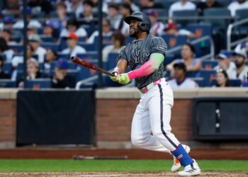 Mets outfielder Starling Marte hits a double during the 8th inning at Citi Field on Saturday, September 20, 2025 in Queens, New York.
