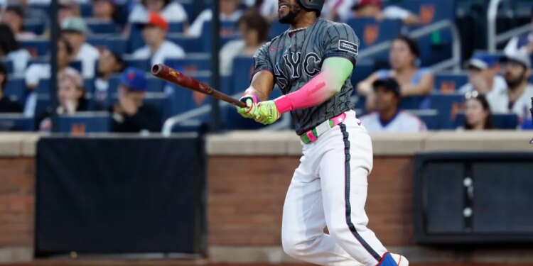 Mets outfielder Starling Marte hits a double during the 8th inning at Citi Field on Saturday, September 20, 2025 in Queens, New York.
