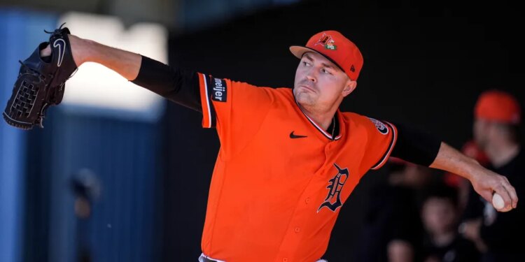 Detroit Tigers pitcher Tarik Skubal (29) throws during spring training.