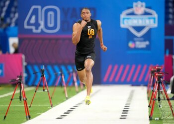 Arkansas quarterback Taylen Green (QB08) during the NFL Scouting Combine at Lucas Oil Stadium.