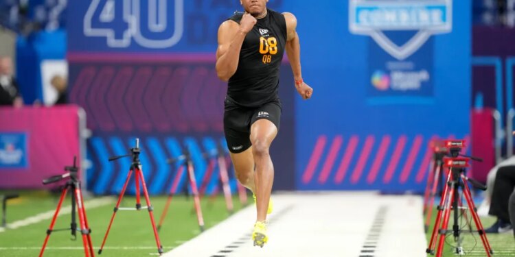 Arkansas quarterback Taylen Green (QB08) during the NFL Scouting Combine at Lucas Oil Stadium.