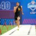 Arkansas quarterback Taylen Green (QB08) during the NFL Scouting Combine at Lucas Oil Stadium.