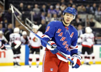 New York Rangers left wing Artemi Panarin reacting after a call during a game.