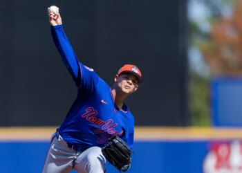 New York Mets pitcher Tobias Myers throws live batting practice during Spring Training.