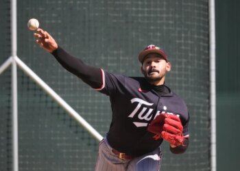 Minnesota Twins pitcher Pablo Lopez throws during a spring training baseball workout.