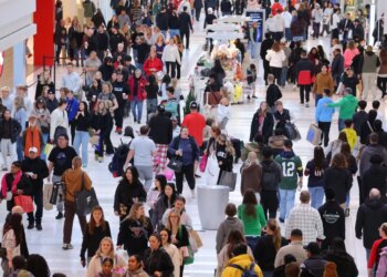 Shoppers fill a mall, carrying bags from Black Friday deals.
