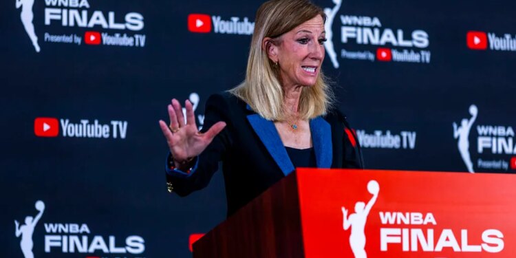 WNBA commissioner Cathy Engelbert speaks to the media before Game 1 of the WNBA Finals series with the Las Vegas Aces playing host to the Phoenix Mercury in the Michelob Ultra Arena at Mandalay Bay on Friday, Oct. 3, 2025, in Las Vegas.