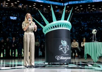 WNBA Commissioner Cathy Engelbert speaks during the New York Liberty's 2024 Championship ring and banner ceremony.
