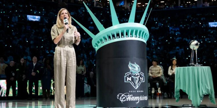 WNBA Commissioner Cathy Engelbert speaks during the New York Liberty's 2024 Championship ring and banner ceremony.