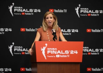 WNBA Commissioner Cathy Engelbert speaks to media prior to Game 1 of the 2024 WNBA Finals at Barclays Center.