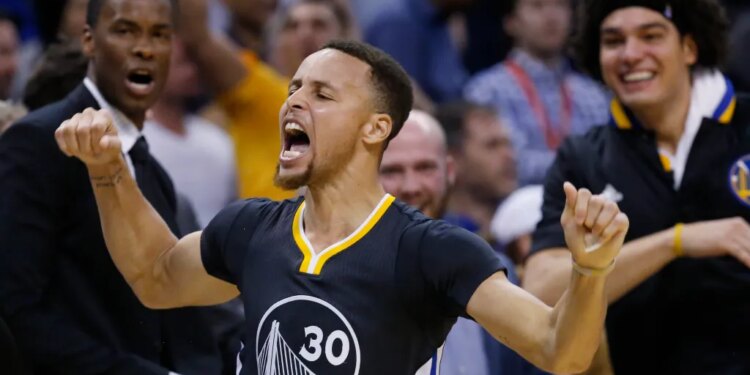 Warriors star Steph Curry celebrates his Bang! Bang! shot.