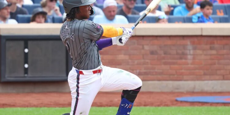 Luisangel Acuña hitting an RBI go-ahead double during a New York Mets game.