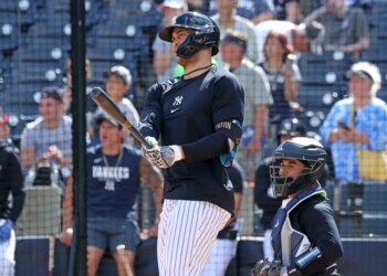 Giancarlo Stanton, taking batting practice earlier this week, hit a home off Osvaldo Bido during BP on Feb. 19, 2026.